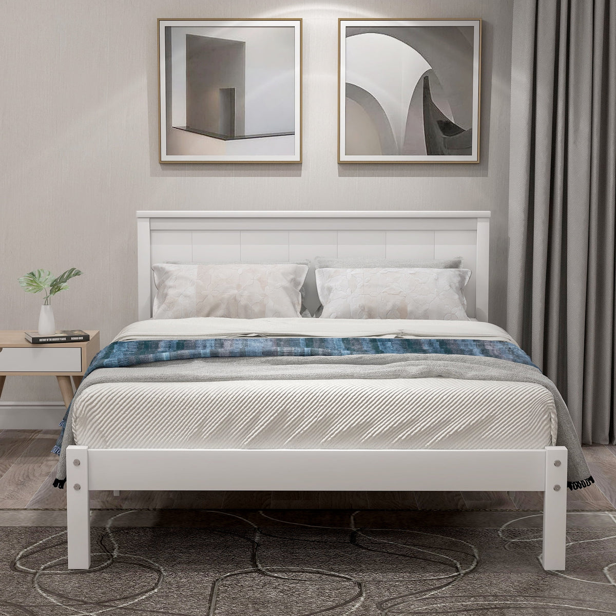 Twin Size Wood Platform Bed with Headboard X8449