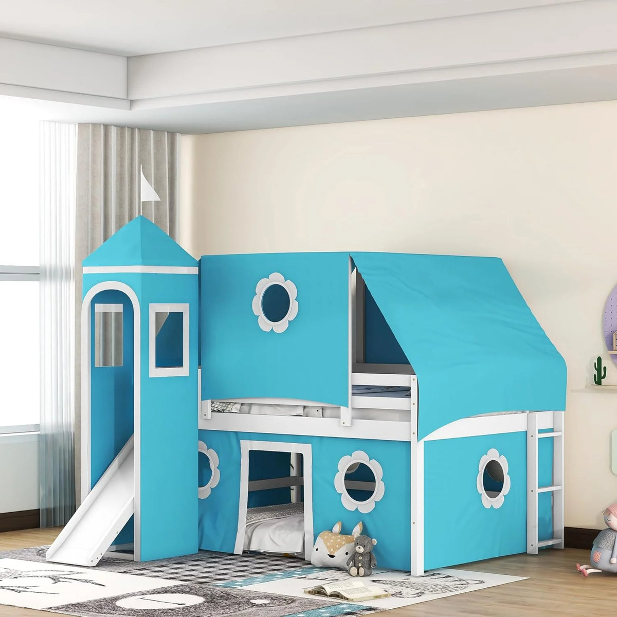 Full Over Full Wood Loft Bed with Slide and Tower O280991