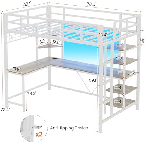 Twin Size Black Metal Loft Bed with Desk and Storage Shelves D52000
