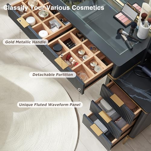 48" Glass Top Vanity Desk with Lighted Mirror and 5 Drawers I7512