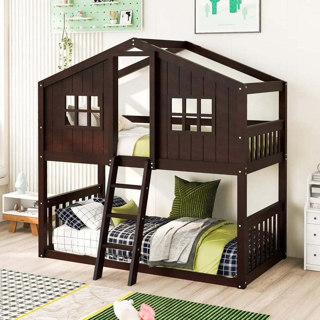 Espresso Wood House Bed with Ladder and Guard Rail Y218
