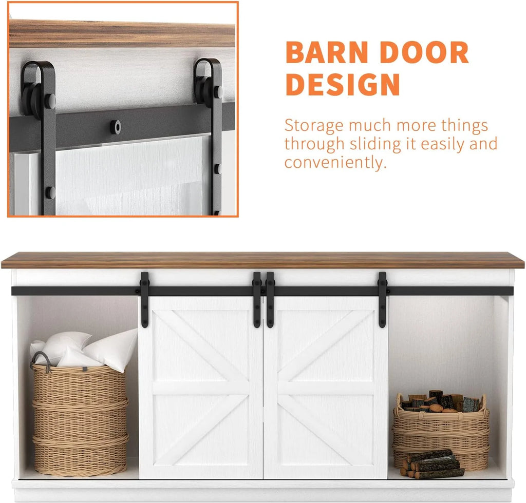 White 58 Inch TV Stand with Sliding Barn Doors W323