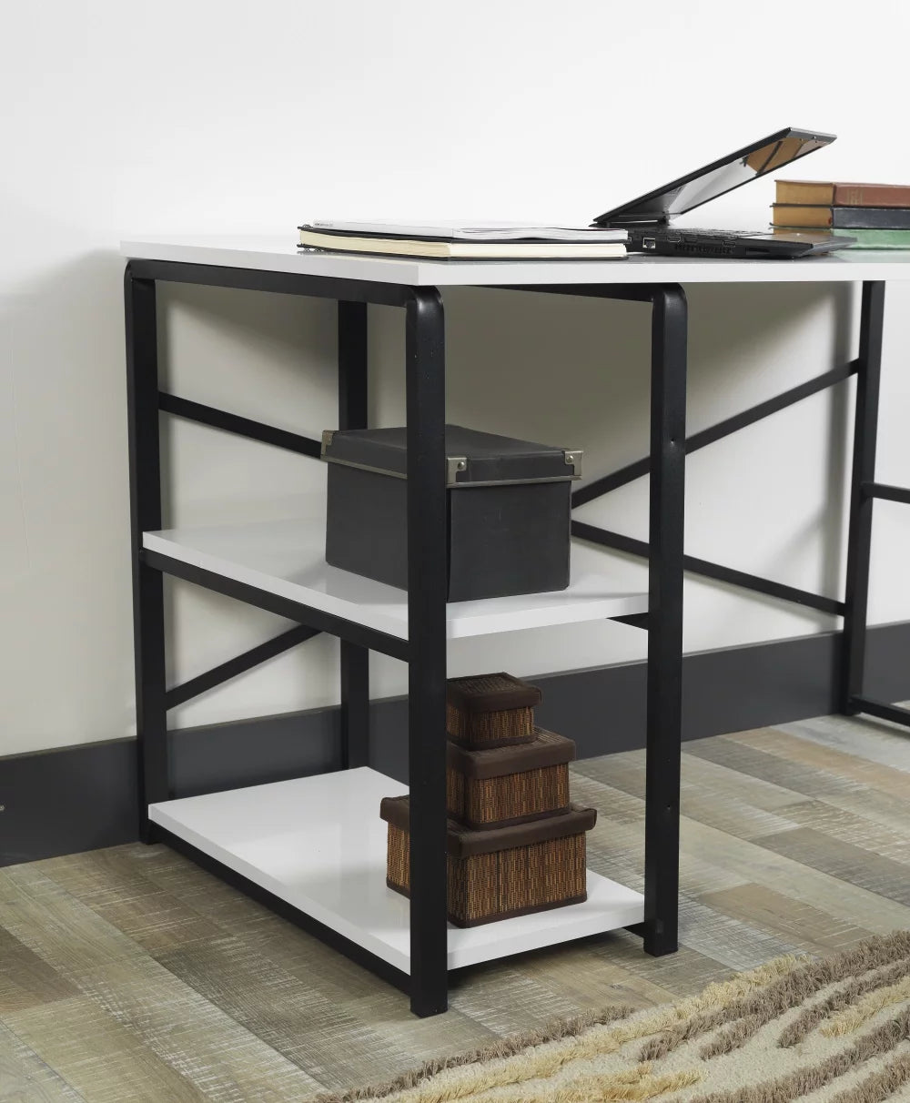 Black Metal Frame Wooden Top 2 Shelves Writing and Computer Desk J82208