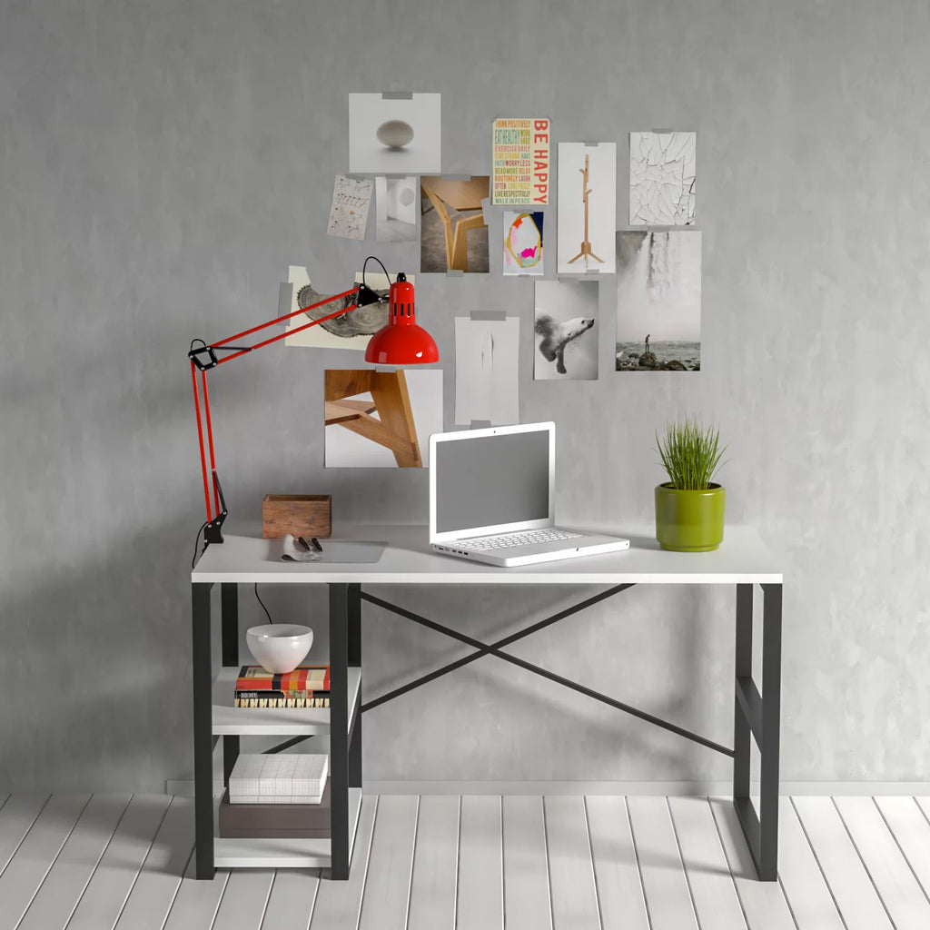 Black Metal Frame Wooden Top 2 Shelves Writing and Computer Desk J82208
