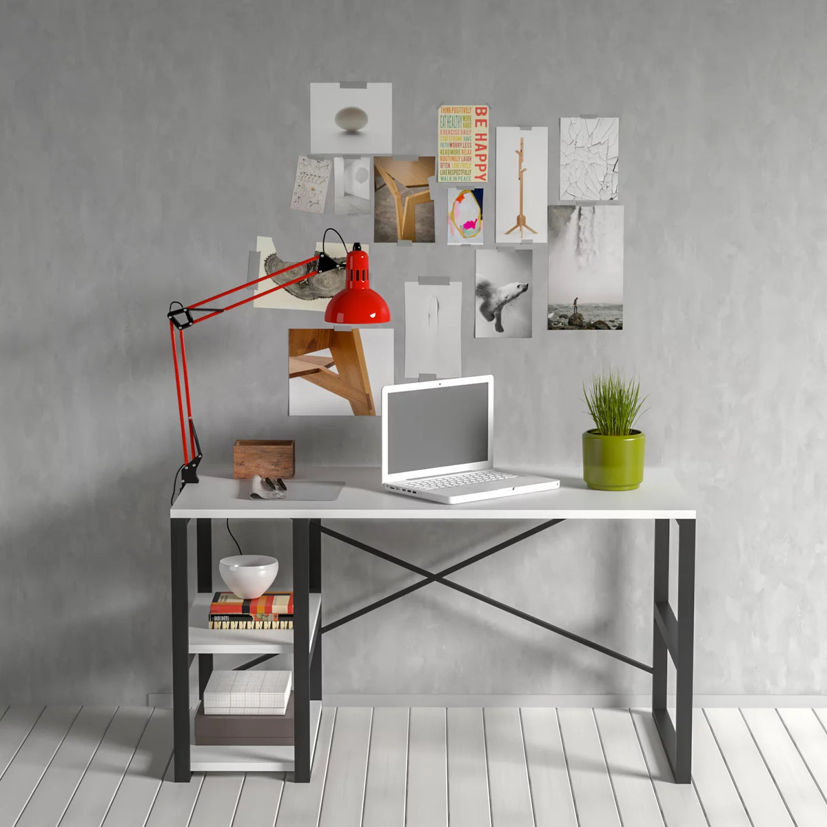 Black Metal Frame Wooden Top 2 Shelves Writing and Computer Desk J82208