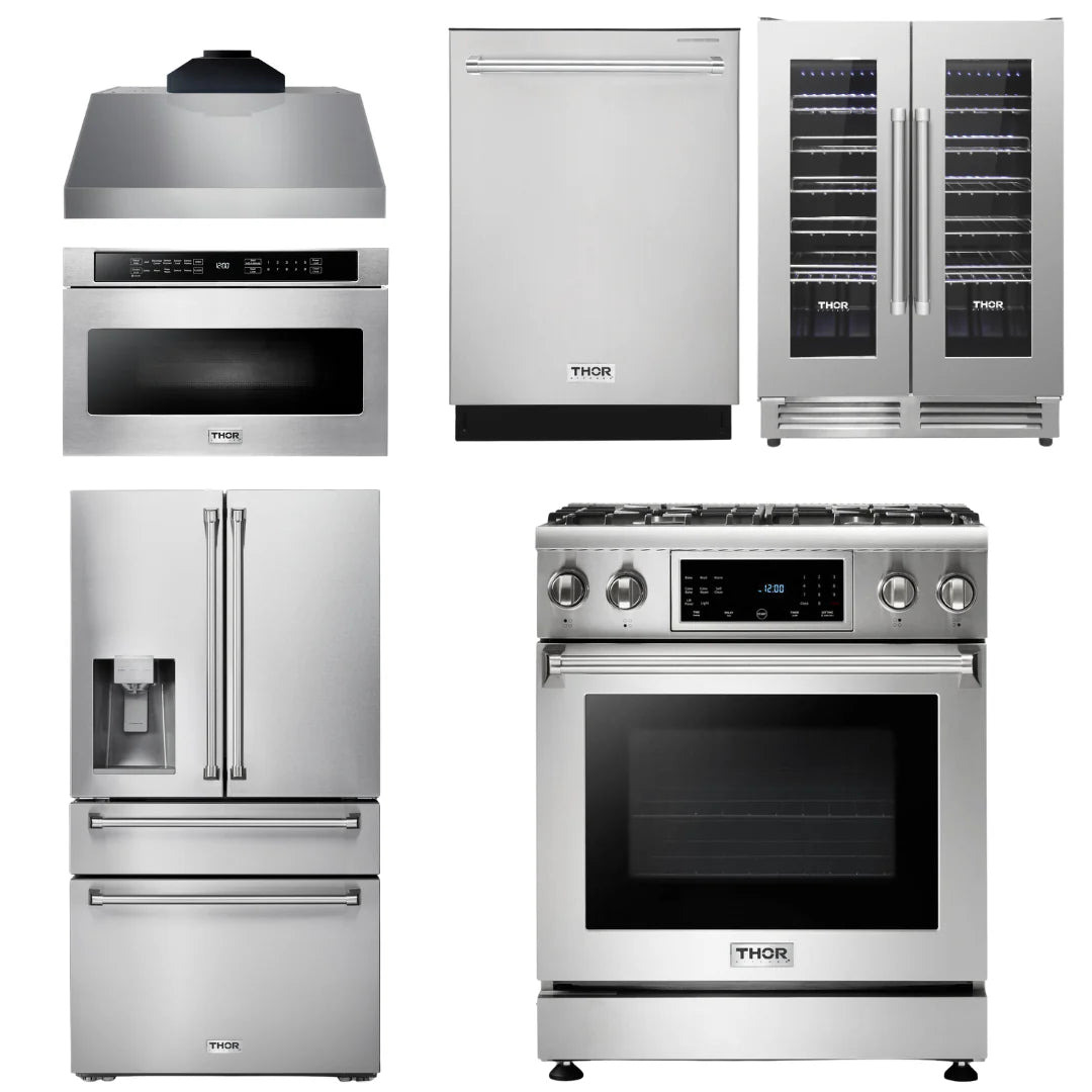 30 Gas Range, Range Hood, Microwave, Refrigerator with Water and Ice Dispenser, Dishwasher, Wine Cooler I730391