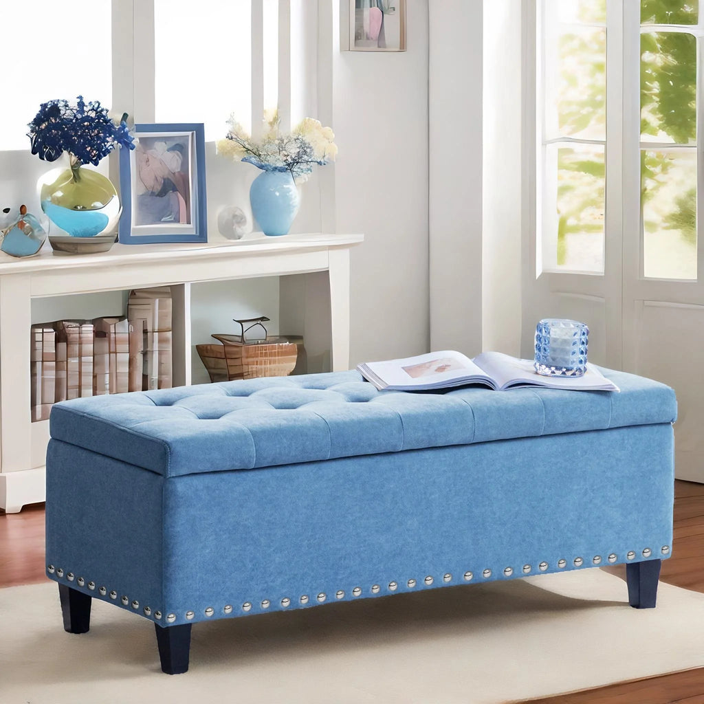 Light Blue Linen Fabric Storage Ottoman Bench K48172