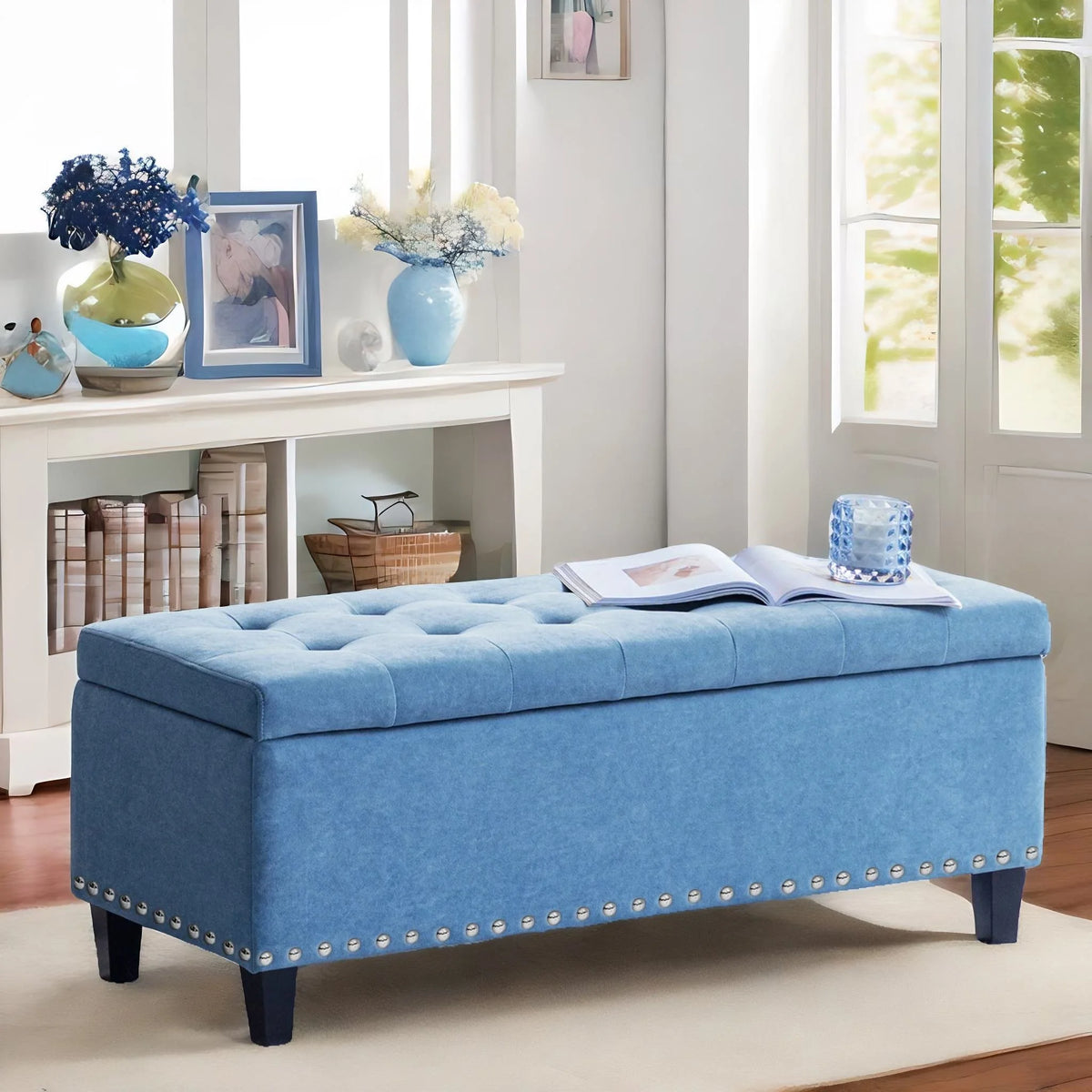 Light Blue Linen Fabric Storage Ottoman Bench K48172