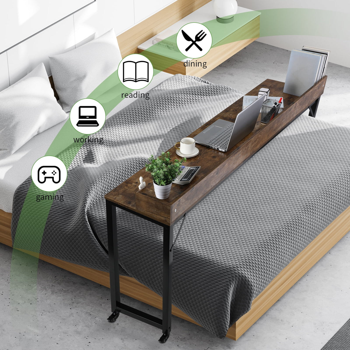Brown Overbed Table with Wheels O292584
