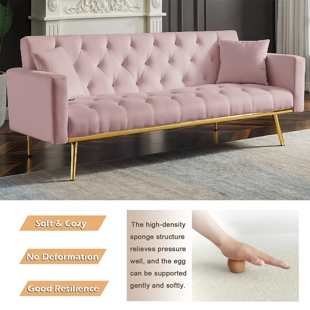 Pink Velvet Convertible Sofa Bed with 2 Pillows V641