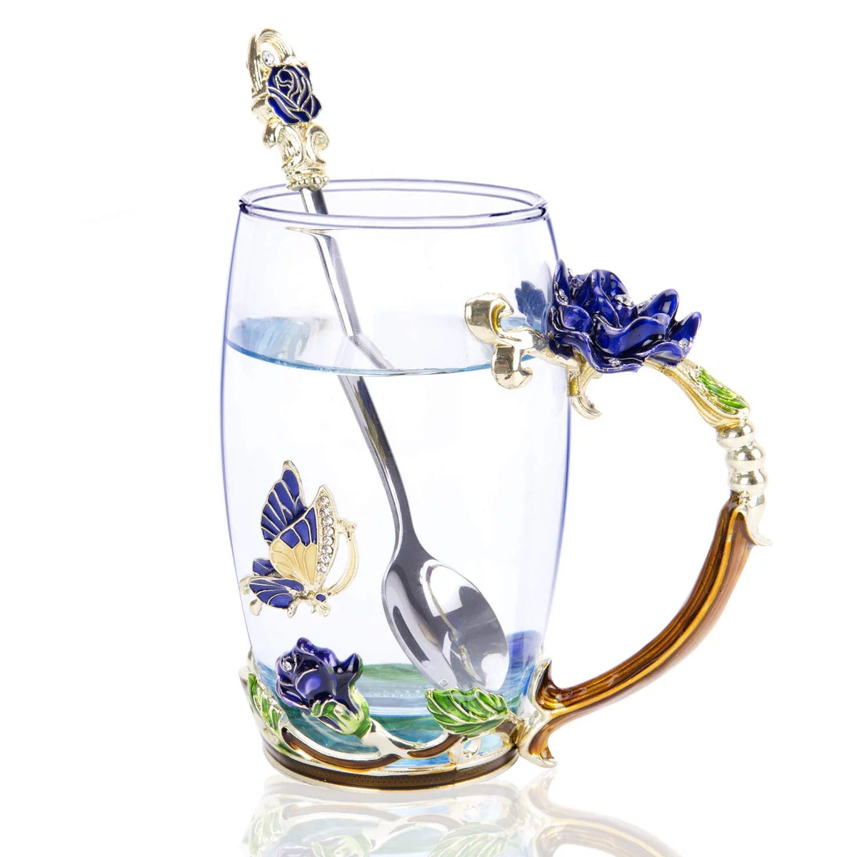 Blue Glass Tea Cup with Lid Coaster Spoon 18oz M1692