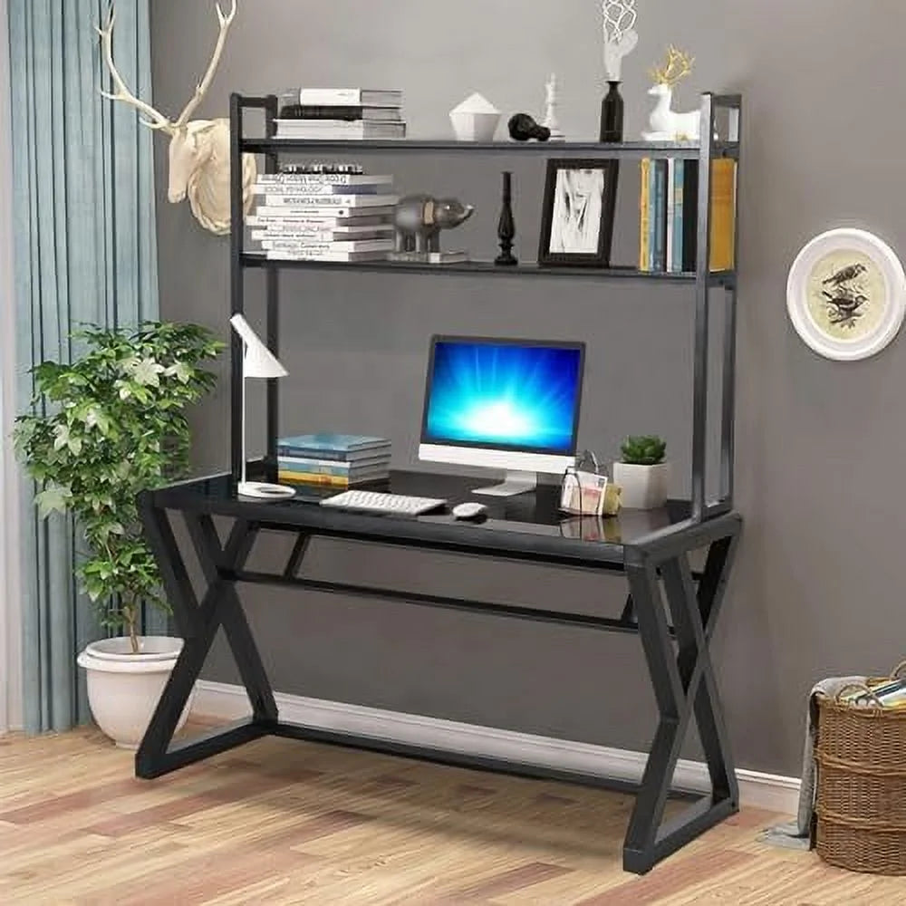 White Glass Top Metal Frame Computer Desk with 2 Tiers Shelves V572256