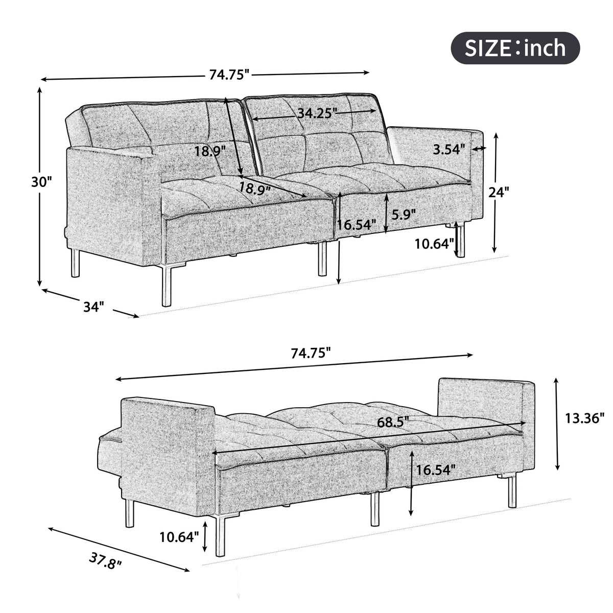 74.8" Linen Convertible Futon Sofa Bed C9803