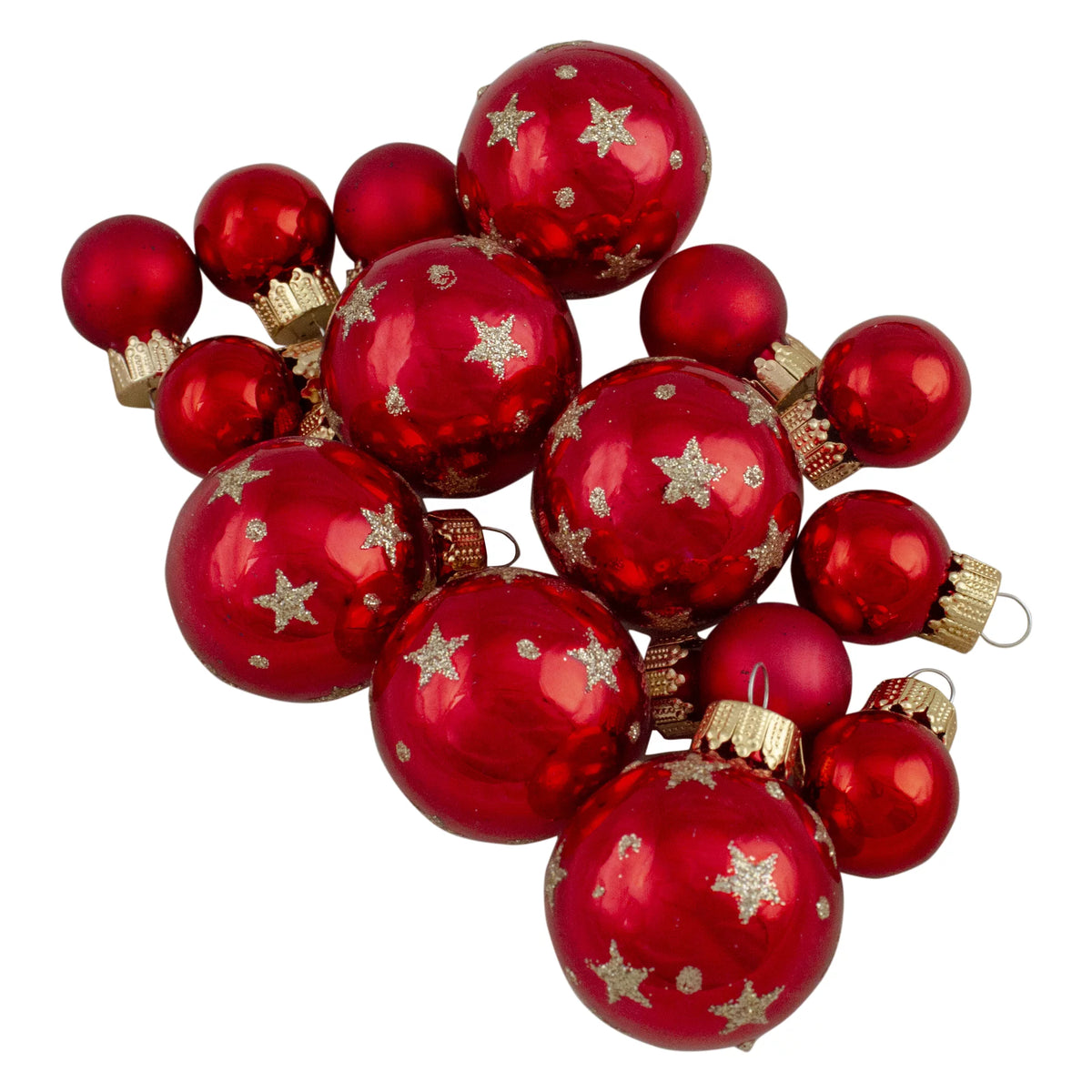 16-Piece Set of Red Glass Christmas Ball Ornaments with Tree Topper L5448