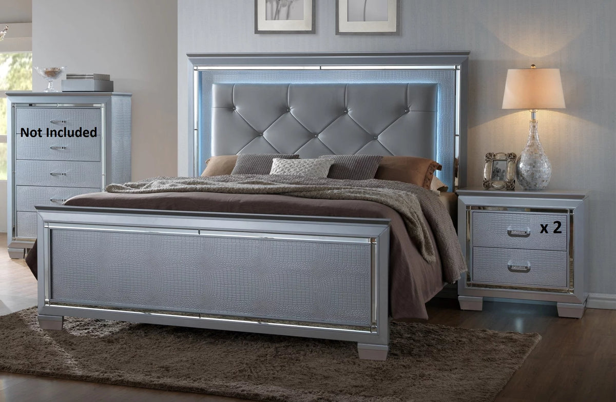 King Size Upholstered Bed 2 Nightstand Wooden Bedroom Furniture Set W1987