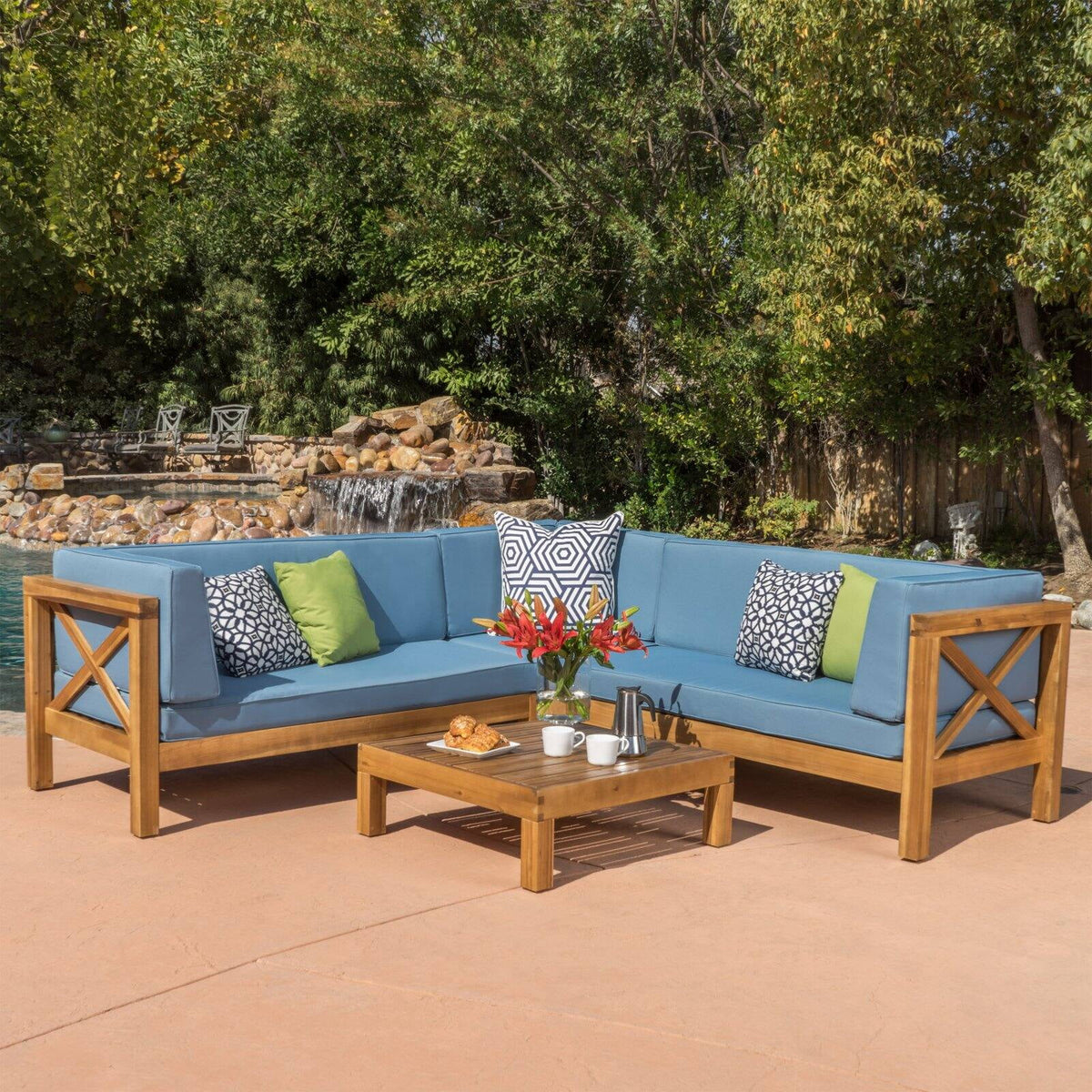 4 Piece Acacia Wood Sectional Sofa and Coffee Table Set O853115