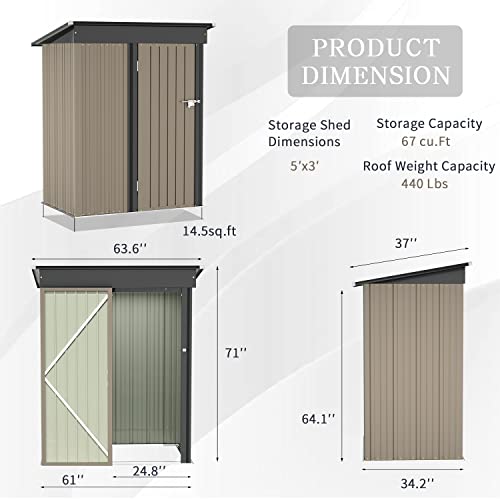 Metal Outdoor Storage Shed 5FT x 3FT Brown G887