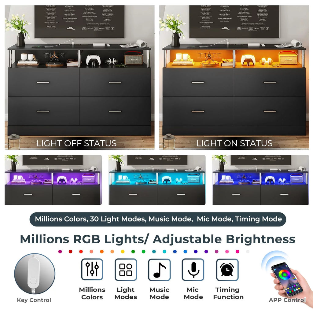 Black 4 Drawer Dresser with LED Lights & Charging Station T7015