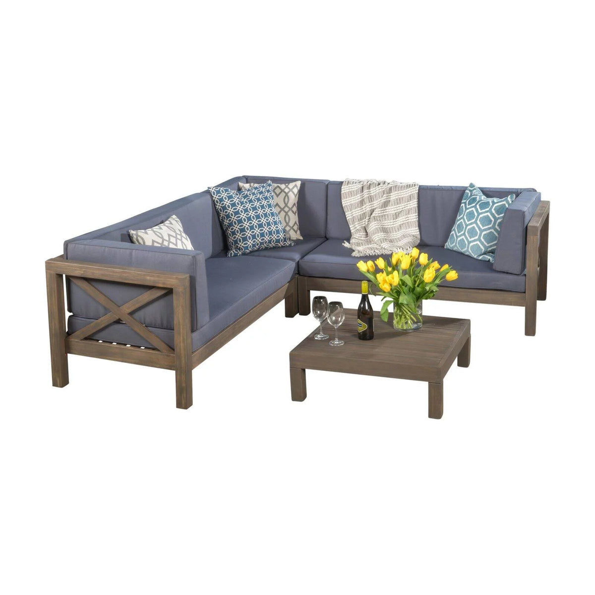 4 Piece Acacia Wood Sectional Sofa and Coffee Table Set O853115