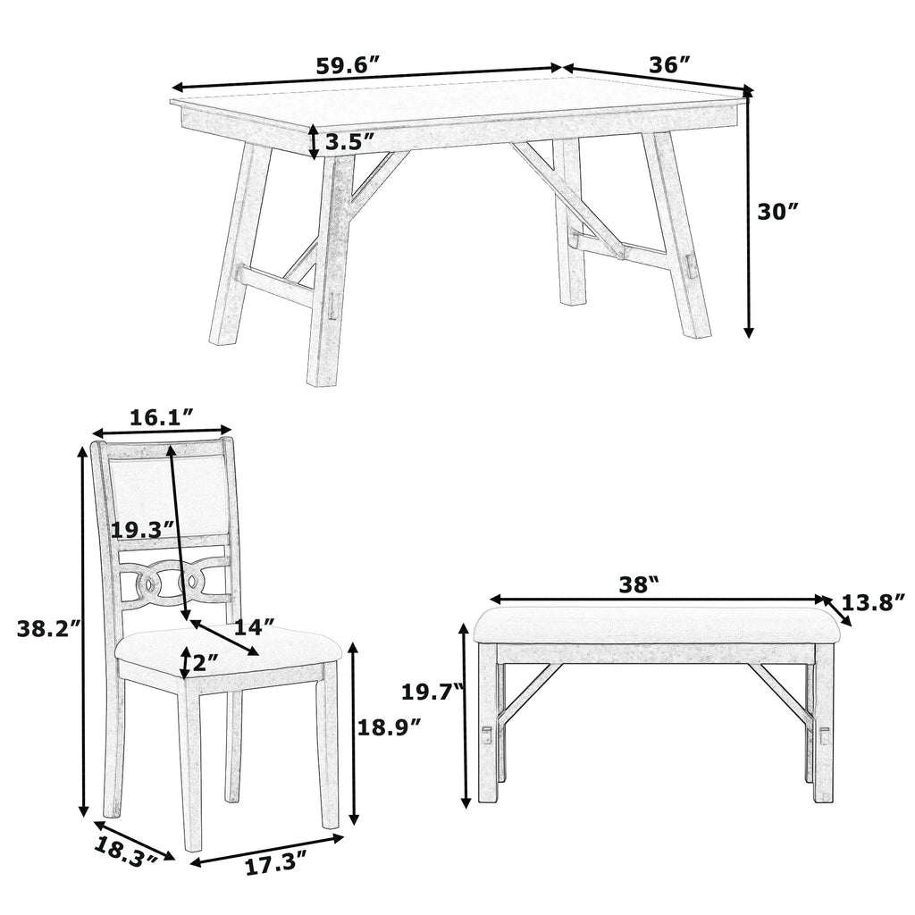 6 Piece Espresso Wooden Dining Table Set with Bench and 4 Upholstered Chairs J5725