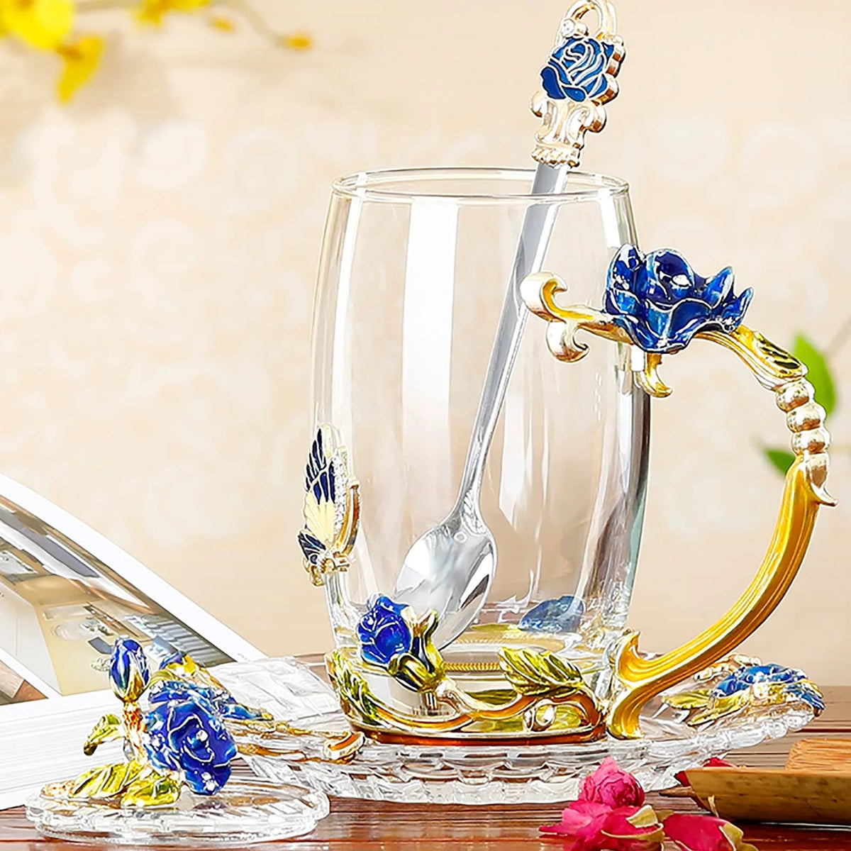 Blue Glass Tea Cup with Lid Coaster Spoon 18oz M1692
