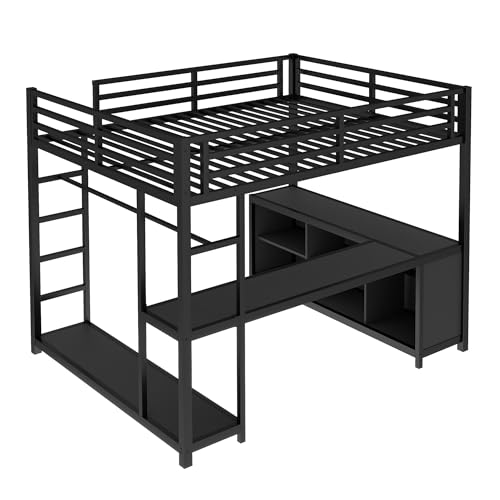 Queen Metal Loft Bed with Wardrobe, Desk and Shelves G928