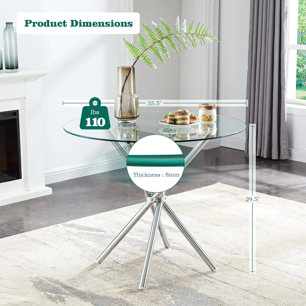 Round Glass Dining Table with Tempered Glass Top and Chrome Plated Metal Legs U374
