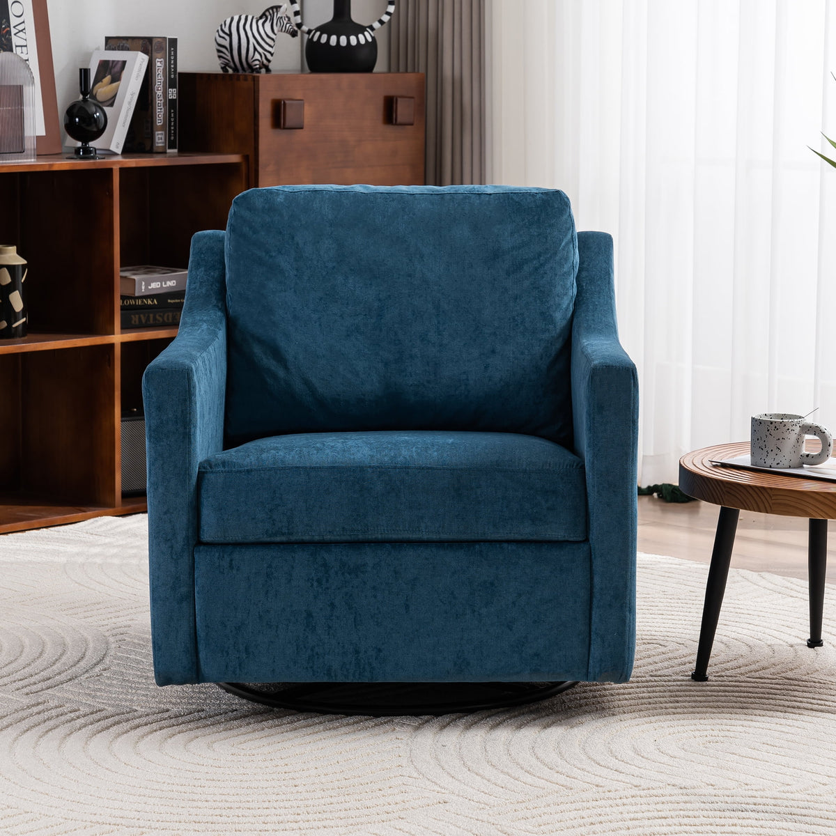 Navy Blue Linen Fabric Swivel Accent Chair T68812
