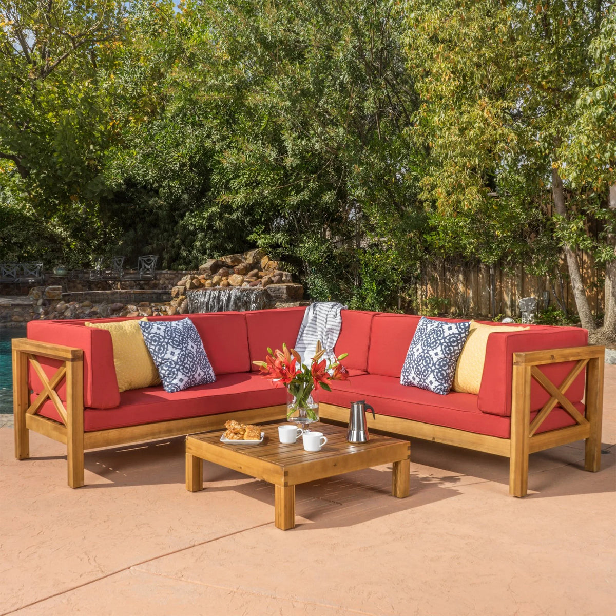 4 Piece Acacia Wood Sectional Sofa and Coffee Table Set O853115