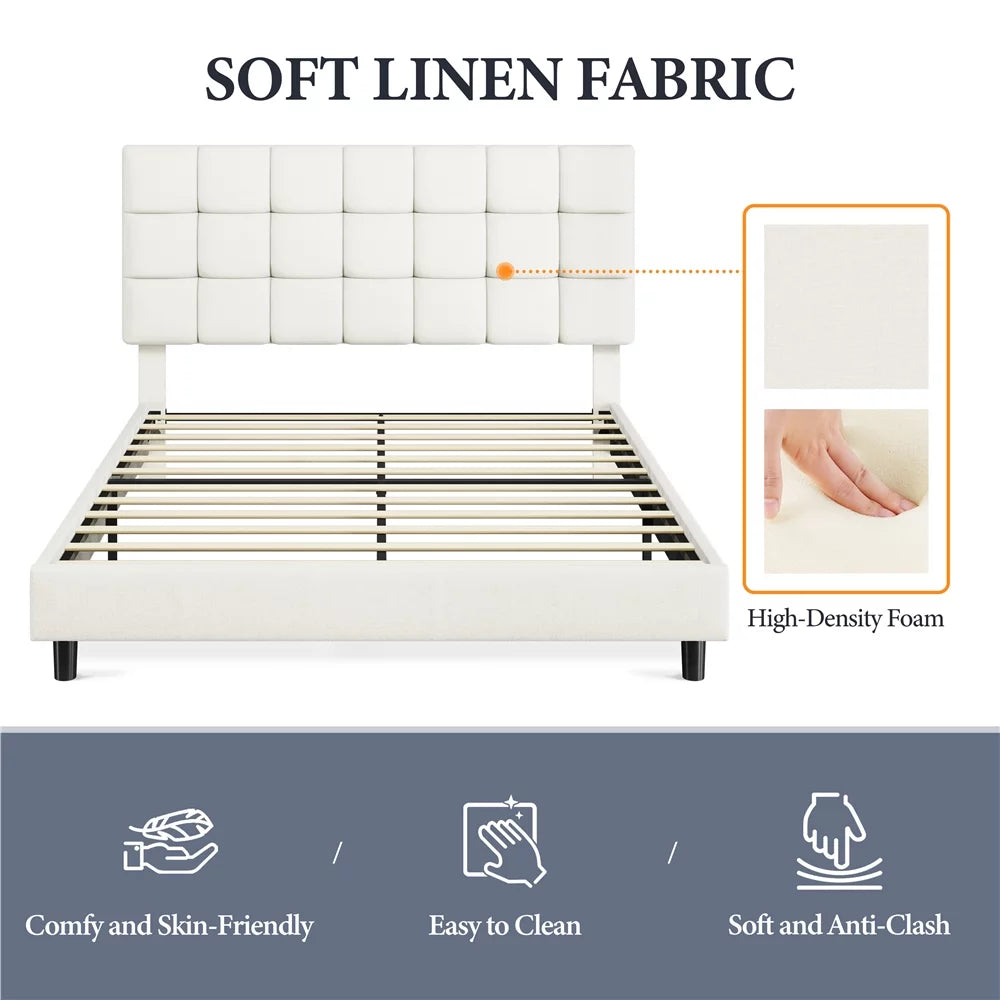 Queen Size Beige Upholstered Platform Bed W253